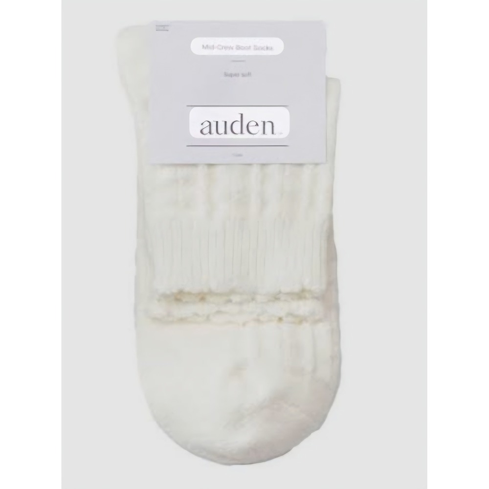 Auden Womens Mid-Crew Boot Socks Off White Cable Knit Lettuce Edge Size 4-10 NEW